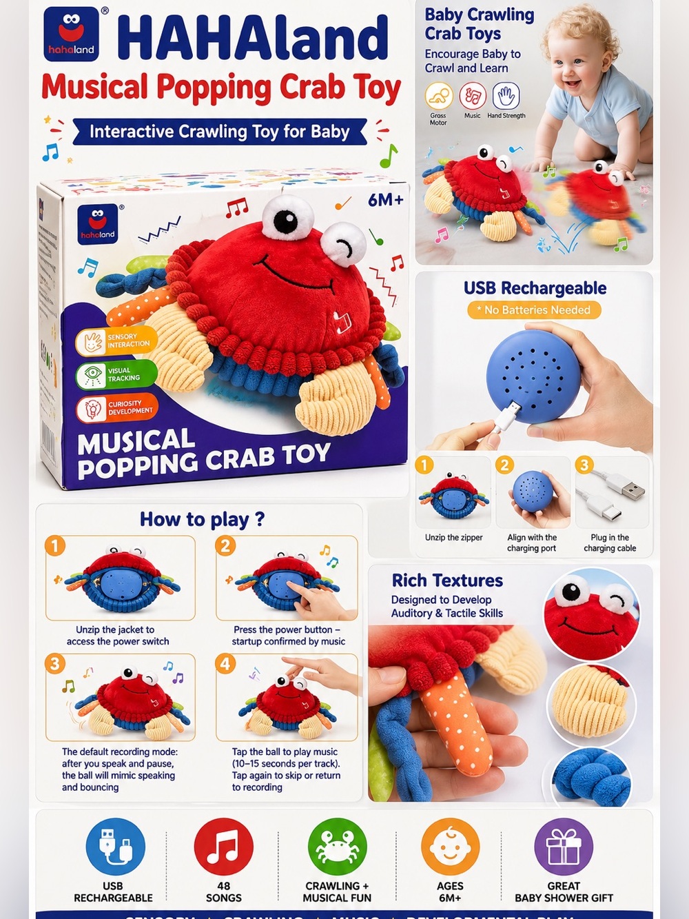 Hahaland Musical Popping Crab Toy Baby Crawling Interactive Plush Rechargeable